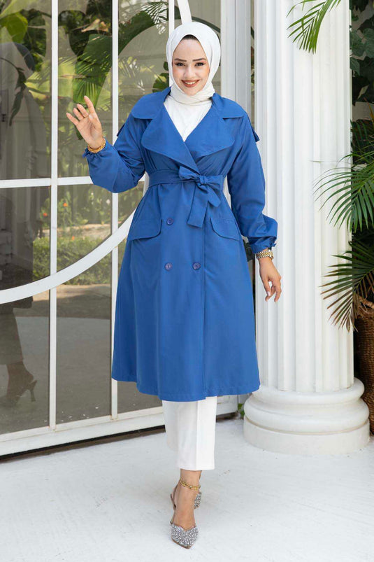 Trench avec Manche en Dentelle et Ceinture Mobile Indigo