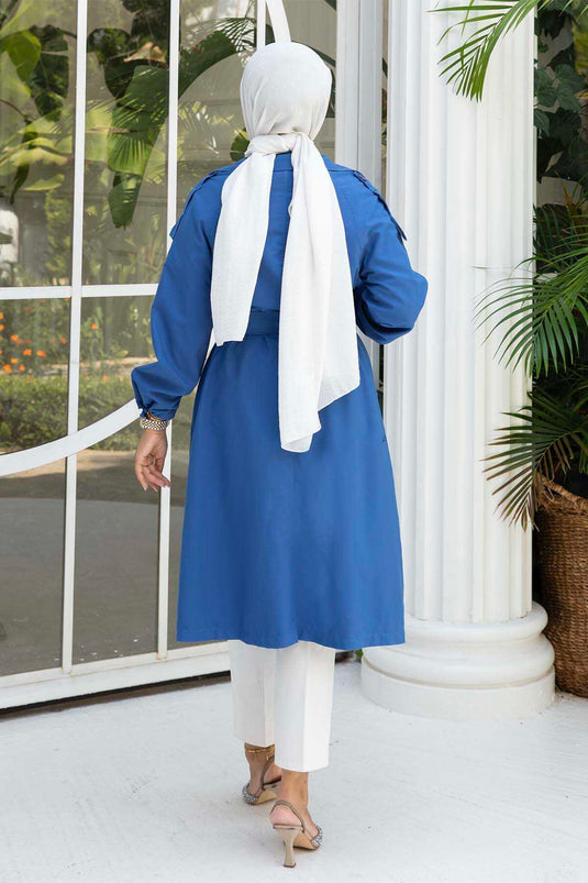 Trench avec Manche en Dentelle et Ceinture Mobile Indigo