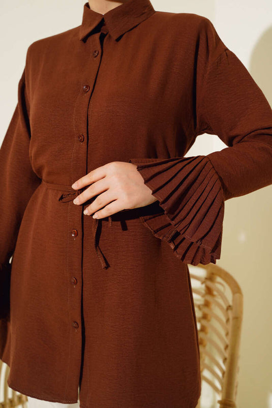Gathered Cuff Pleated Shirt Brown