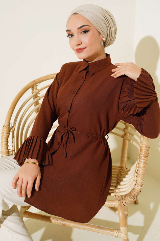 Gathered Cuff Pleated Shirt Brown