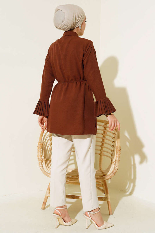 Gathered Cuff Pleated Shirt Brown