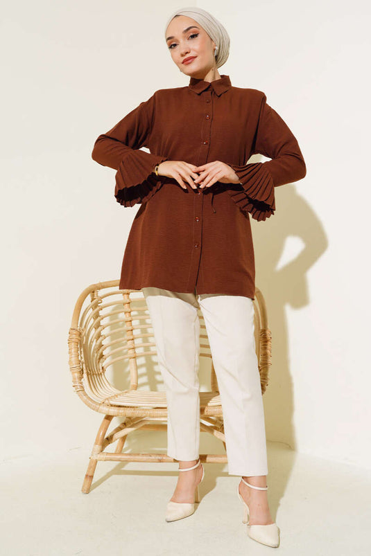 Gathered Cuff Pleated Shirt Brown