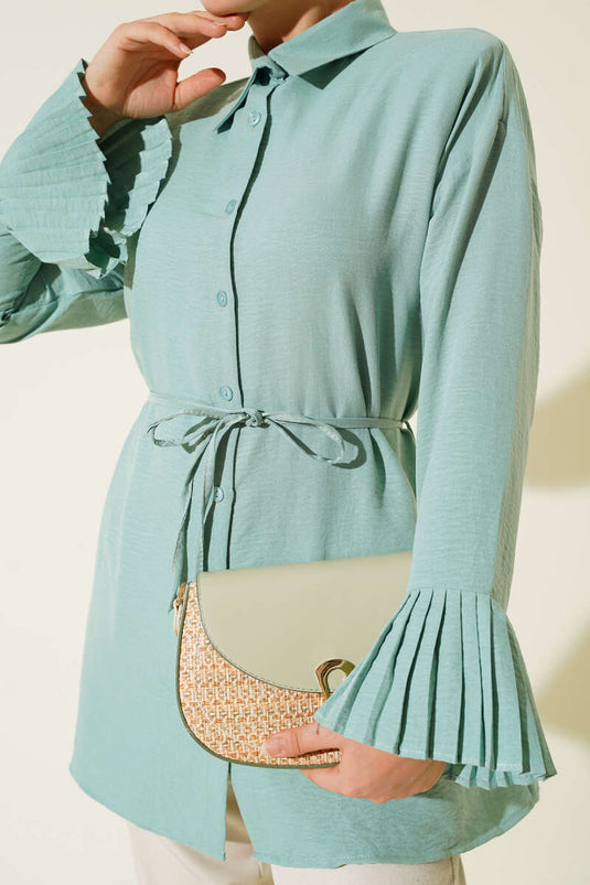 Gathered Cuff Pleated Shirt Mint