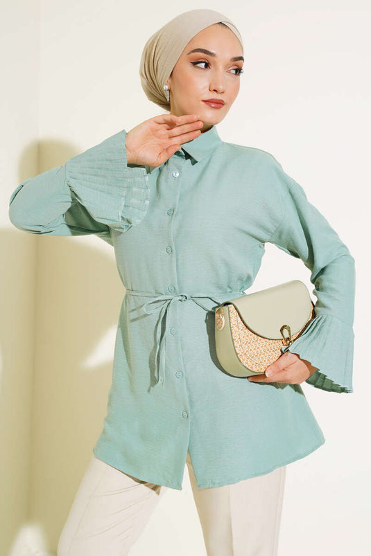 Gathered Cuff Pleated Shirt Mint
