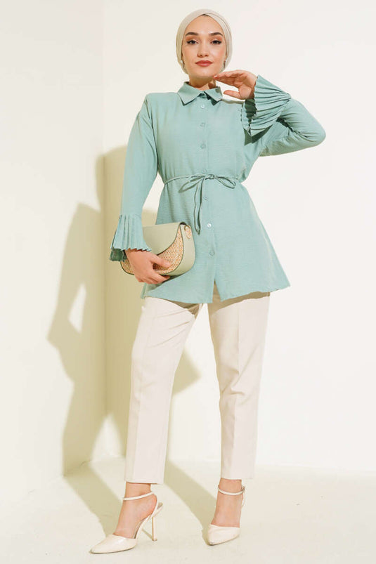 Gathered Cuff Pleated Shirt Mint