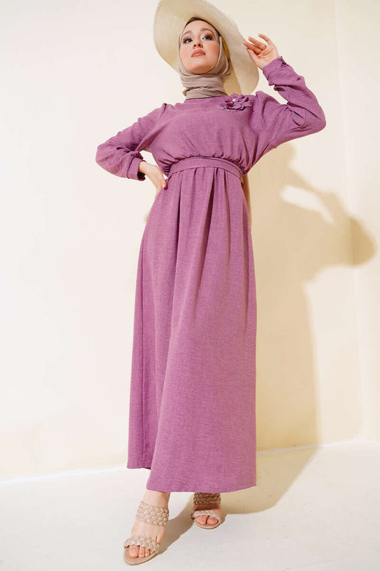 Buttoned Cuff Linen Dress Rose Pink