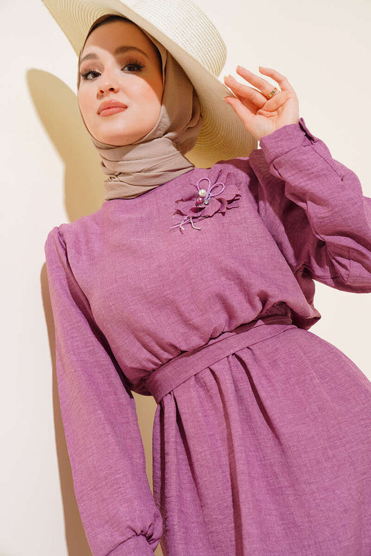 Buttoned Cuff Linen Dress Rose Pink