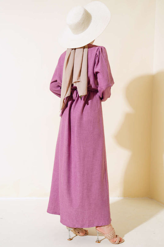 Buttoned Cuff Linen Dress Rose Pink