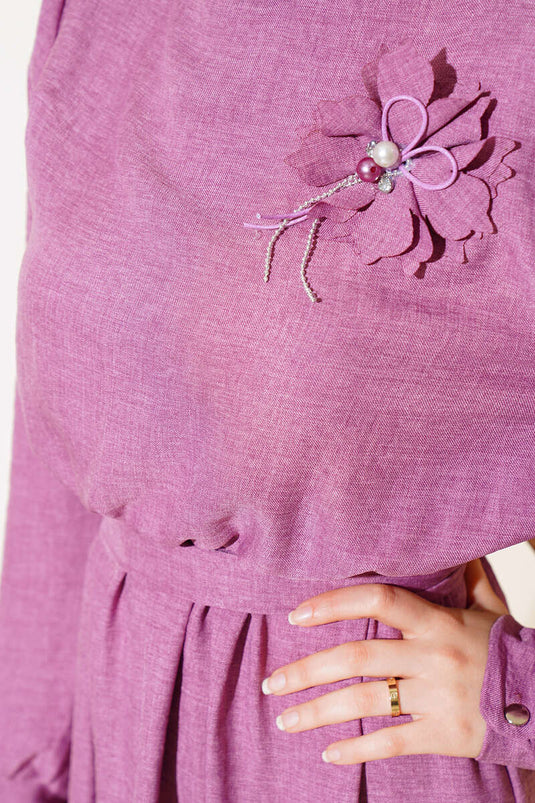 Buttoned Cuff Linen Dress Rose Pink