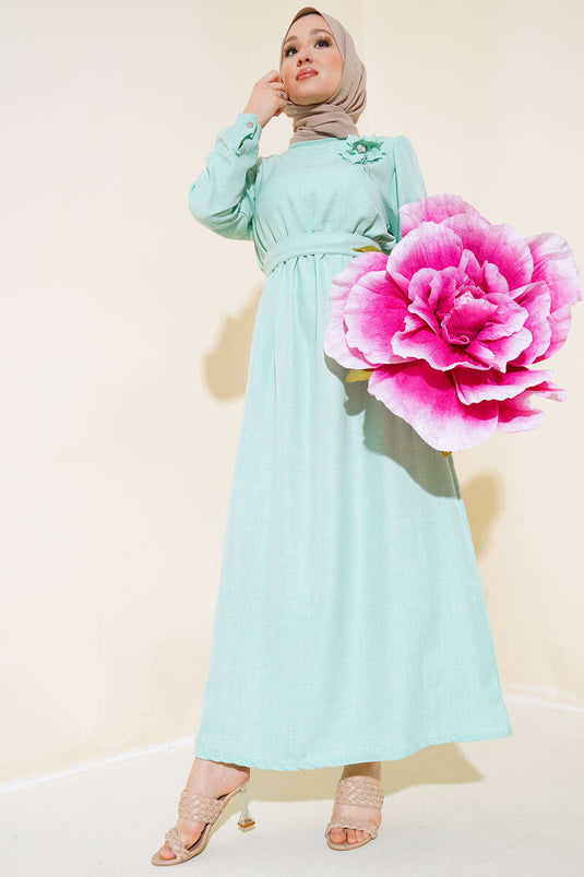 Buttoned Cuff Linen Dress Mint