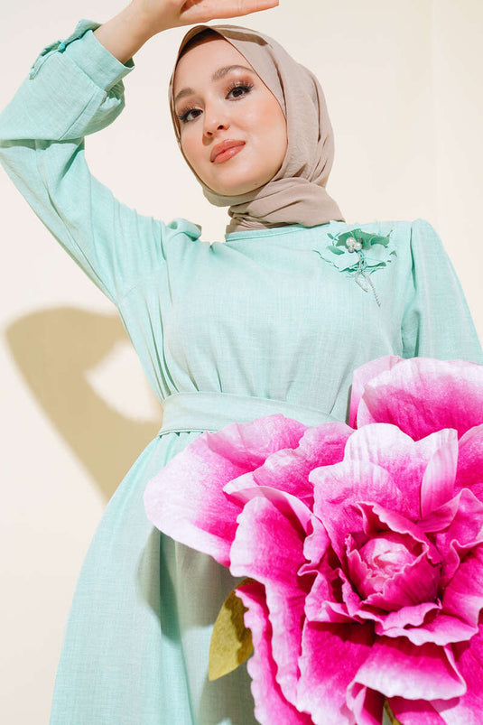 Buttoned Cuff Linen Dress Mint