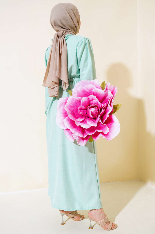 Buttoned Cuff Linen Dress Mint