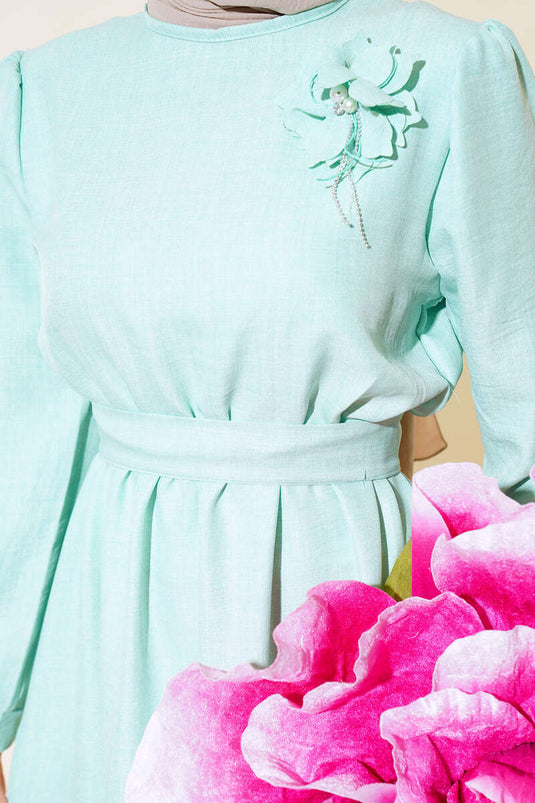 Buttoned Cuff Linen Dress Mint