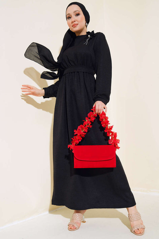 Buttoned Cuff Linen Dress Black