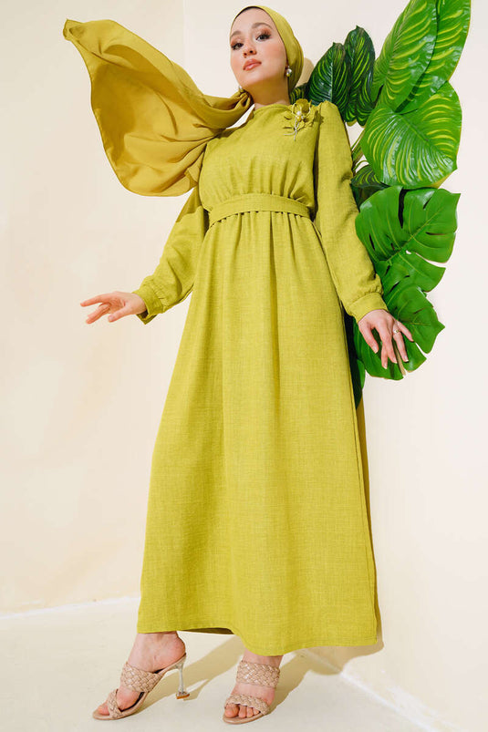 Kol Bilekleri Düğmeli Keten Elbise Yağ Yeşili