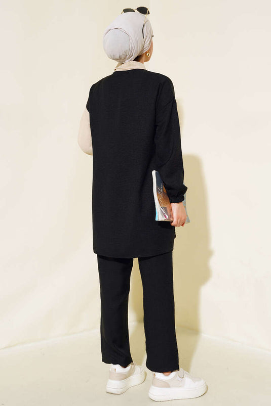 Elastic Cuff Linen Two-Piece Set Black