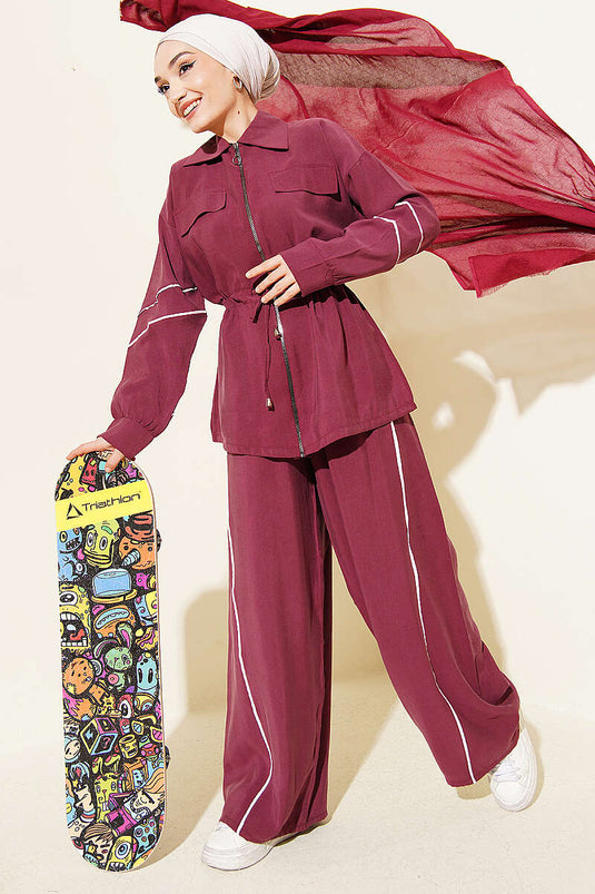 Ensemble double en tensel bordeaux avec ceinture à cordon et taille élastique