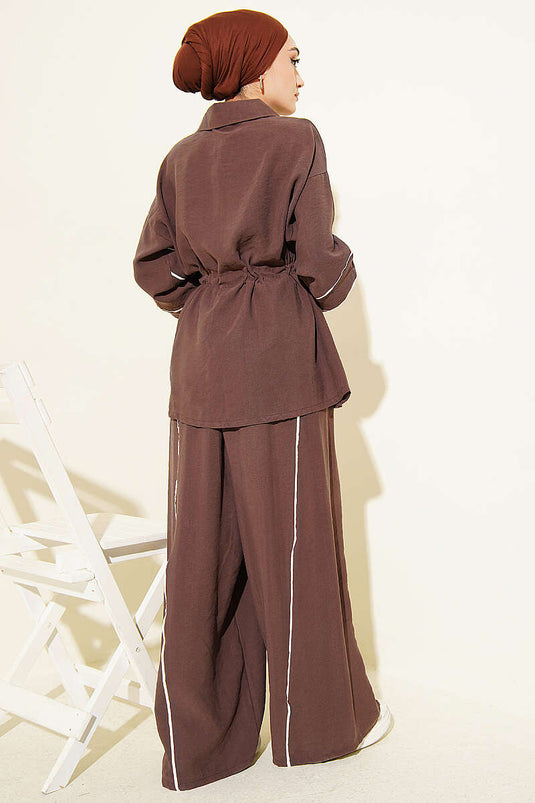 Ensemble double en Tencel avec ceinture à cordon Kol Biyeli, couleur café