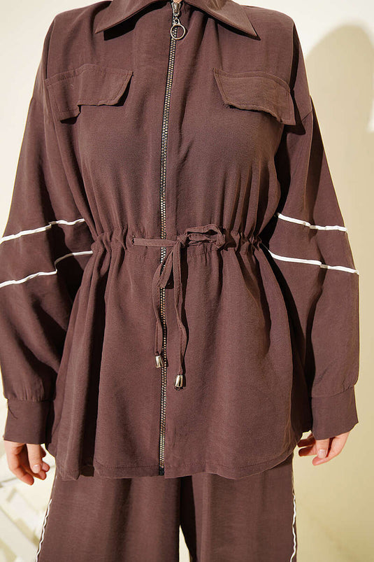 Ensemble double en Tencel avec ceinture à cordon Kol Biyeli, couleur café