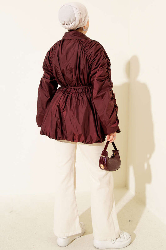 Trench-coat zippé à manches froncées, bordeaux