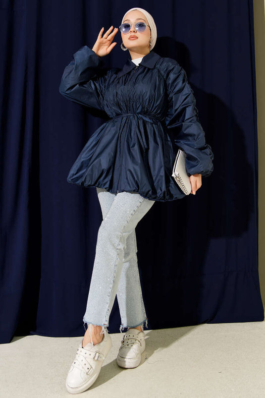 Gathered Sleeve Zippered Trench Coat Navy Blue