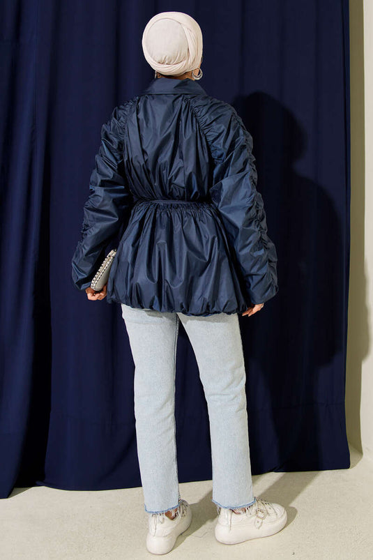 Trench-coat bleu marine à manches froncées et fermeture éclair