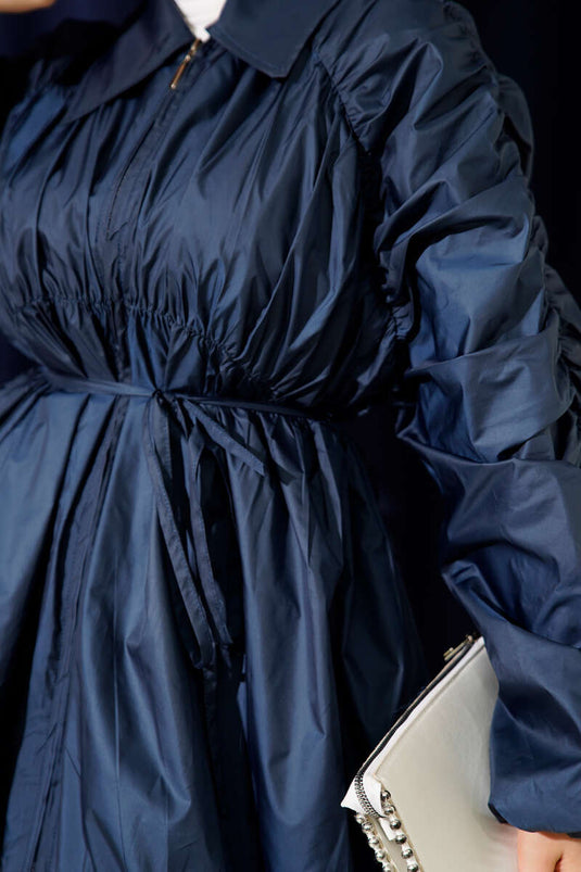 Gathered Sleeve Zippered Trench Coat Navy Blue