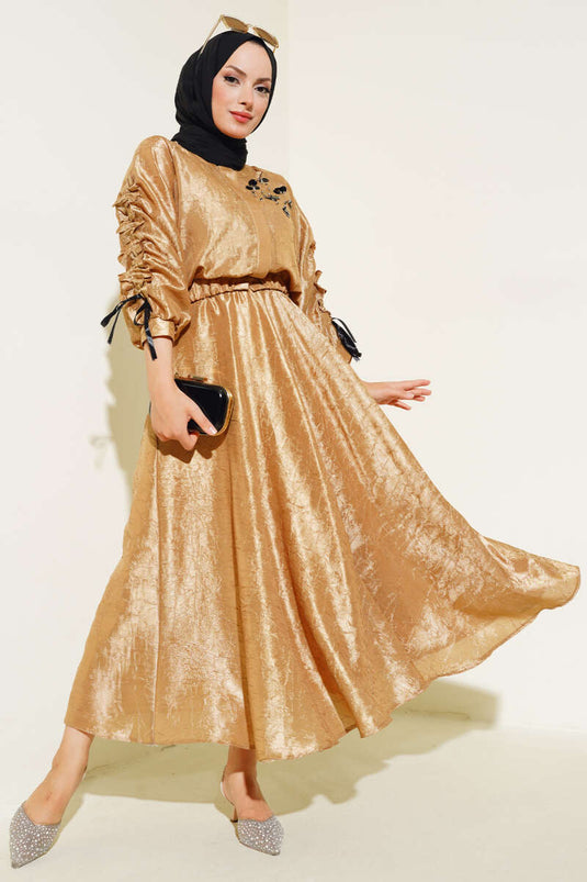 Geplooide mouw dubbelpak Camel