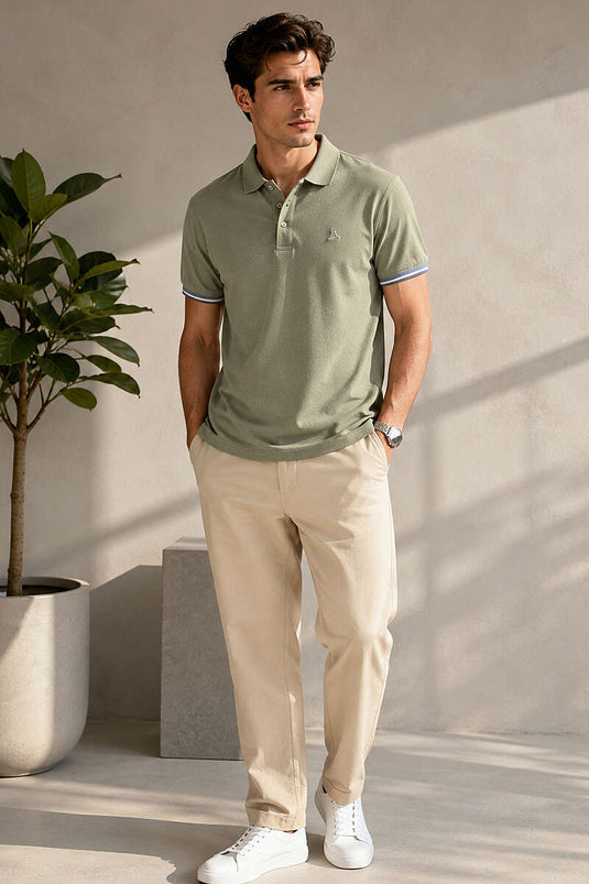 T-shirt homme kaki à manches longues, col polo avec boutons