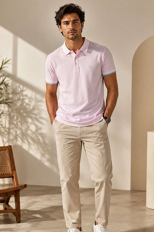 T-shirt homme à manches longues rayé avec col polo et boutons, rose