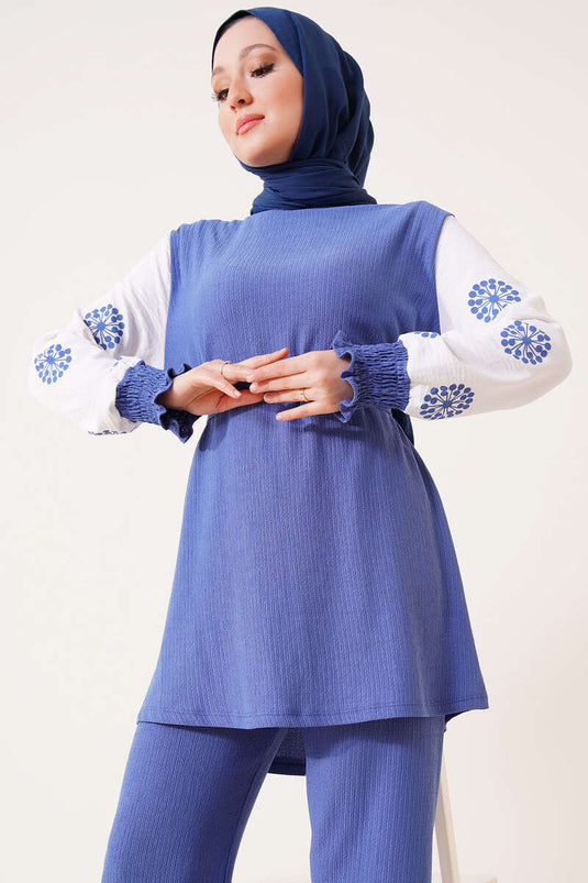 Patterned Ruffled Two-Piece Set Indigo