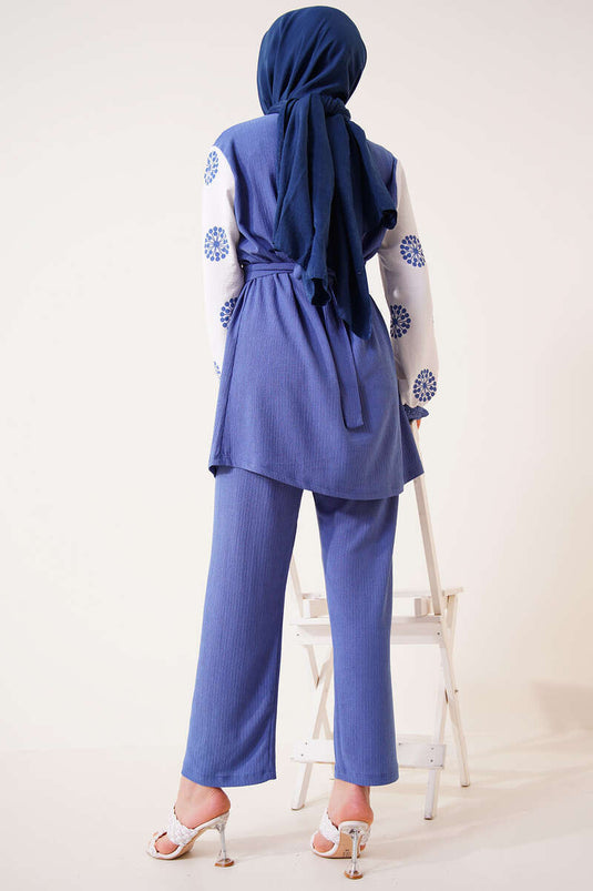 Patterned Ruffled Two-Piece Set Indigo