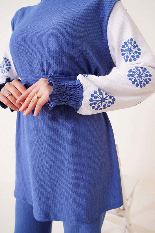 Patterned Ruffled Two-Piece Set Indigo