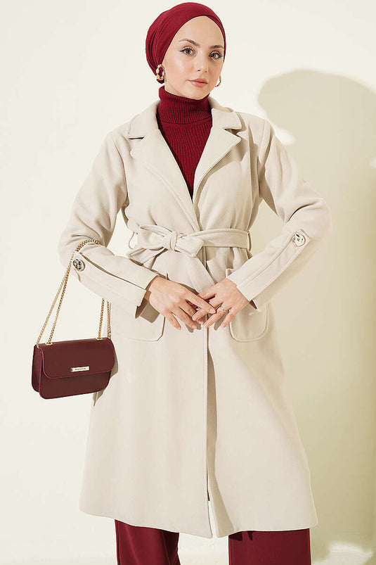 Cappotto A Quadri Beige Con Bottoni E Cintura
