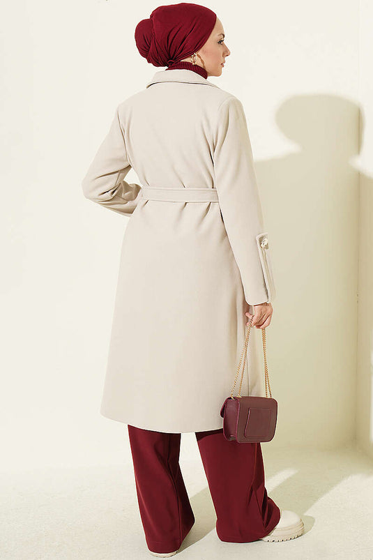 Cappotto A Quadri Beige Con Bottoni E Cintura