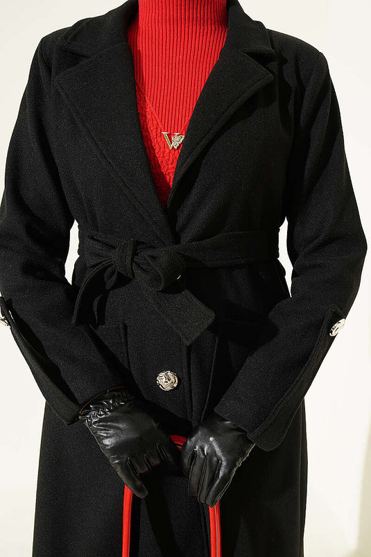 Cappotto In Lana Nero Con Bottoni E Cintura