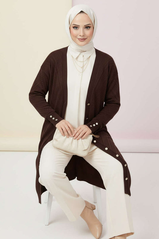 Cardigan Sweater with Sleeve Button Detail Brown
