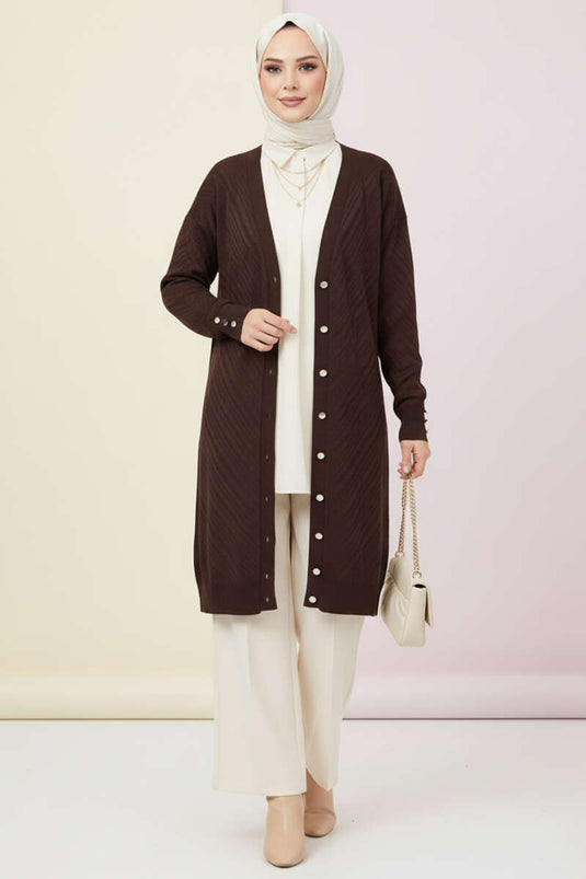 Cardigan Sweater with Sleeve Button Detail Brown