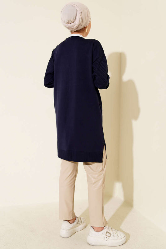 Knitted Cardigan with Sleeve Button Detail Navy Blue