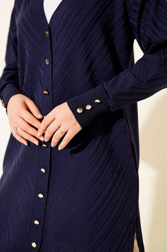 Knitted Cardigan with Sleeve Button Detail Navy Blue