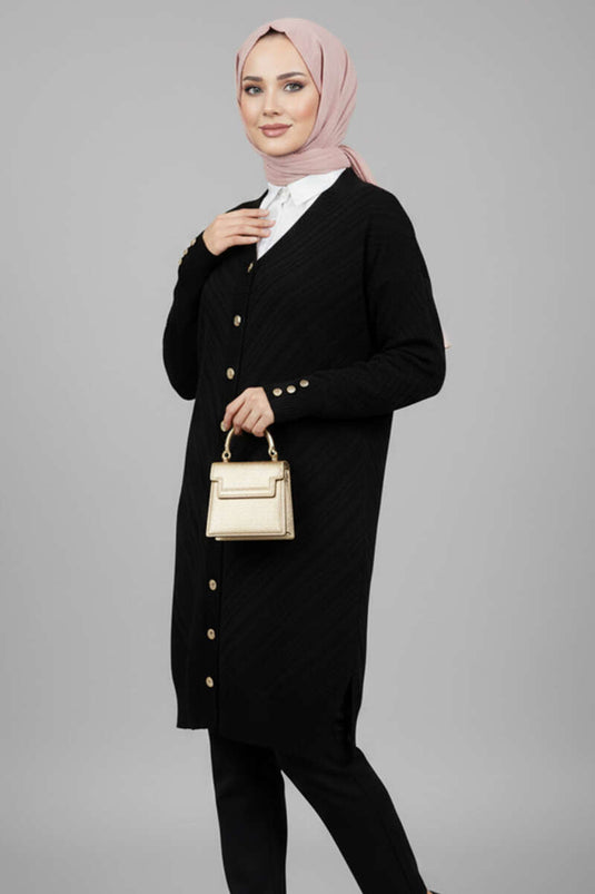 Black Knit Cardigan with Sleeve Button Detail