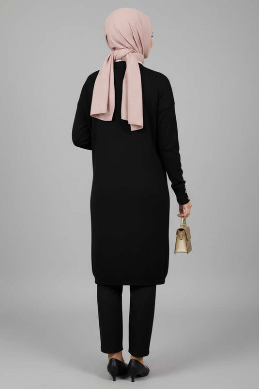 Black Knit Cardigan with Sleeve Button Detail