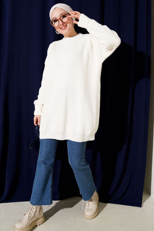 Knitted Tunic with Cufflinks Detail in Ecru