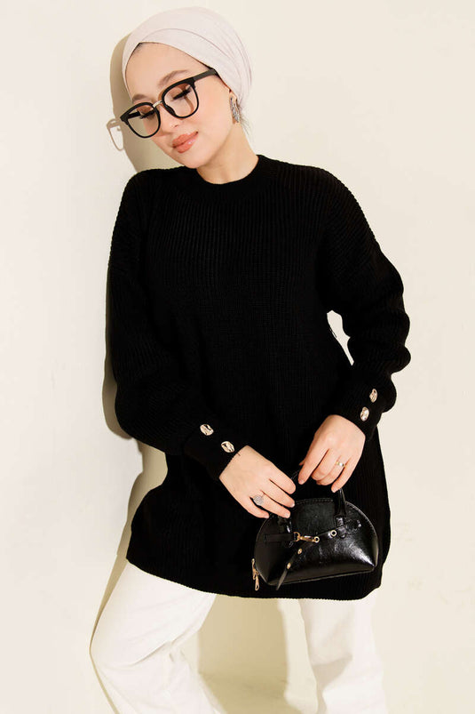 Knitted Tunic with Cufflinks Detail in Black