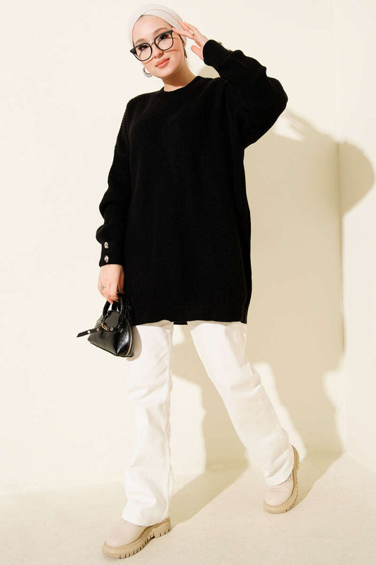 Knitted Tunic with Cufflinks Detail in Black