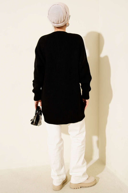 Knitted Tunic with Cufflinks Detail in Black