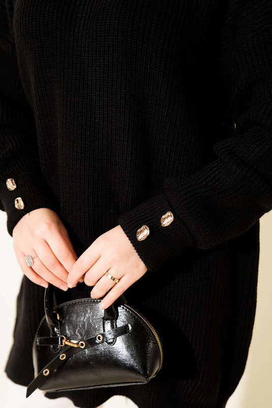 Knitted Tunic with Cufflinks Detail in Black
