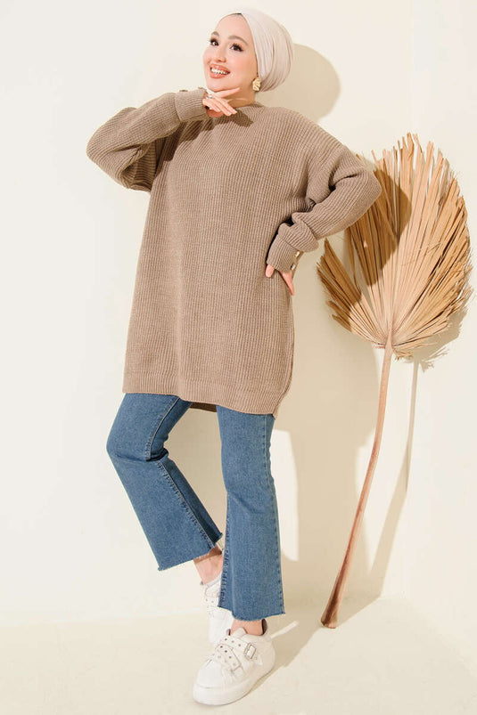 Knitted Tunic with Cufflink Detail, Mink Color