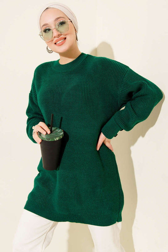 Knitted Tunic with Cufflinks Detail in Emerald