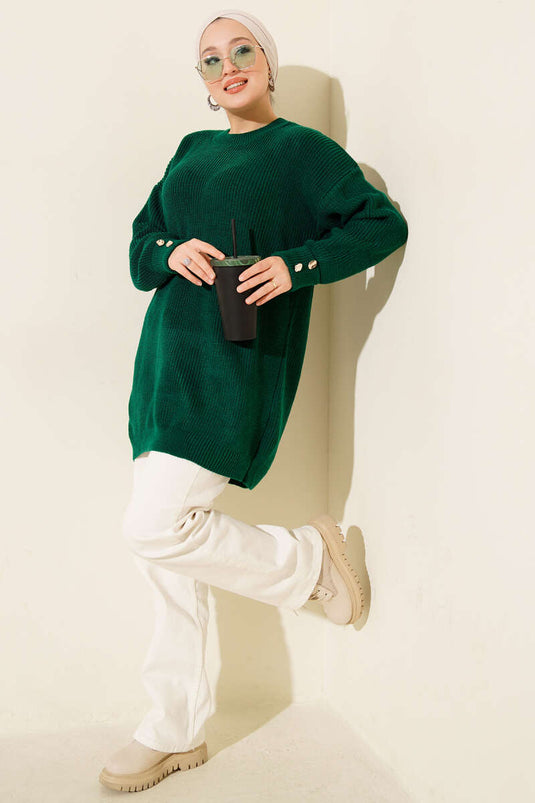 Knitted Tunic with Cufflinks Detail in Emerald